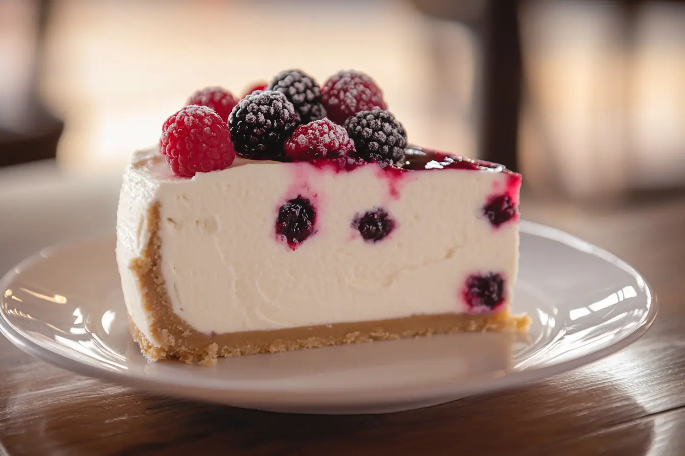 A frozen cheesecake topped with fresh berries on a rustic wooden table.