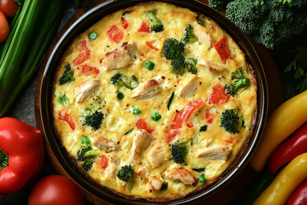 Hearty chicken and egg casserole ready to serve