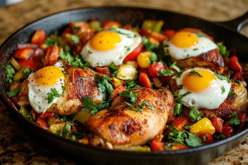 Chicken and egg skillet with added vegetables.