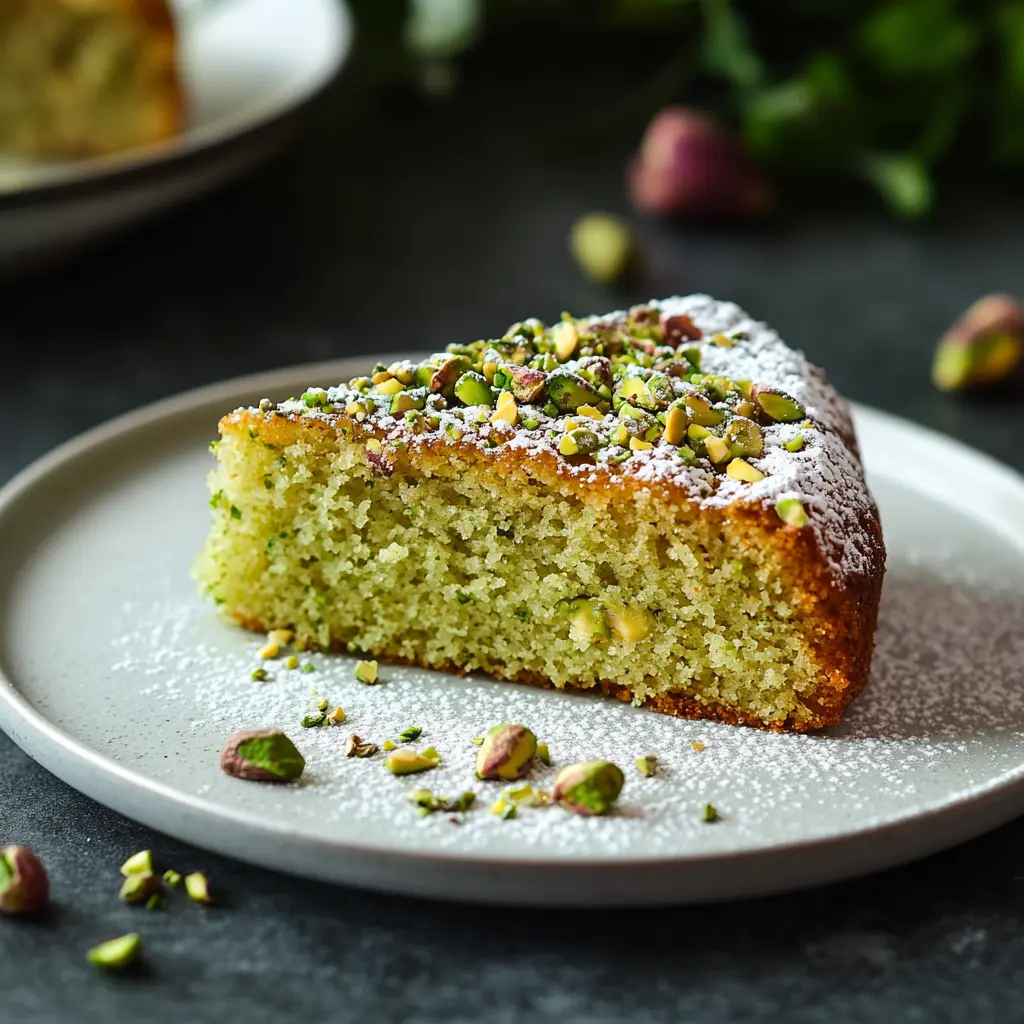 A slice of moist pistachio ricotta cake on a plate