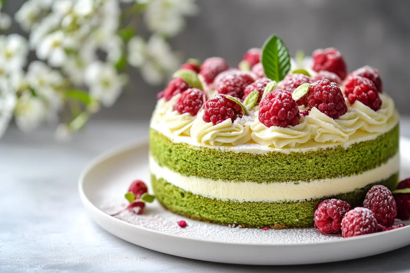 A layered matcha cake decorated with creamy white frosting, fresh raspberries, and mint leaves, served on a white plate.