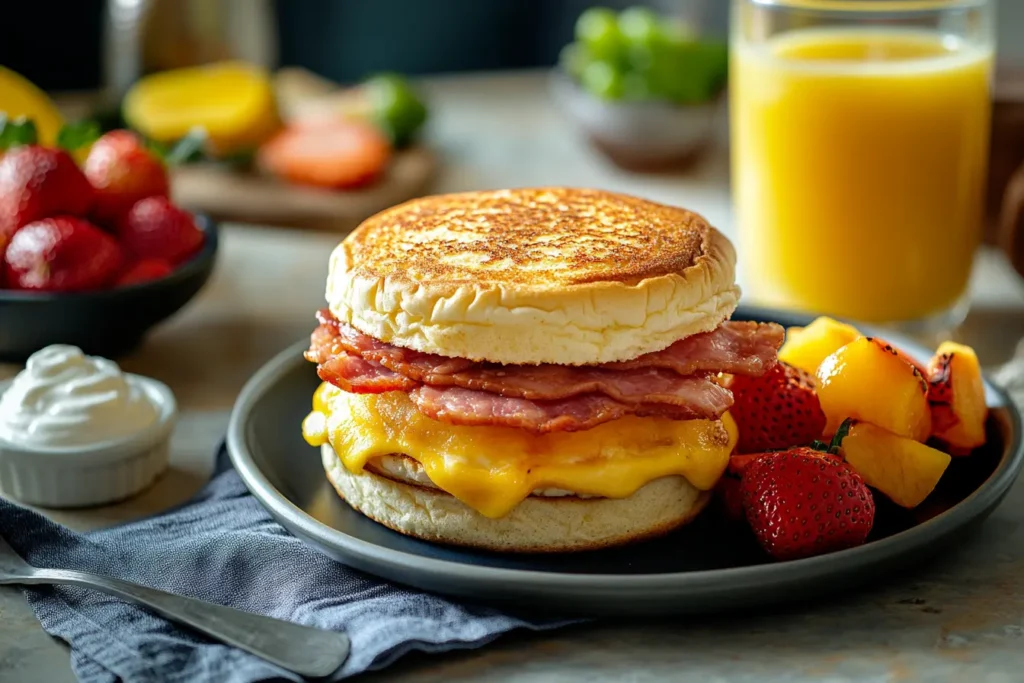 Canadian bacon breakfast sandwich with assorted sides, on a table