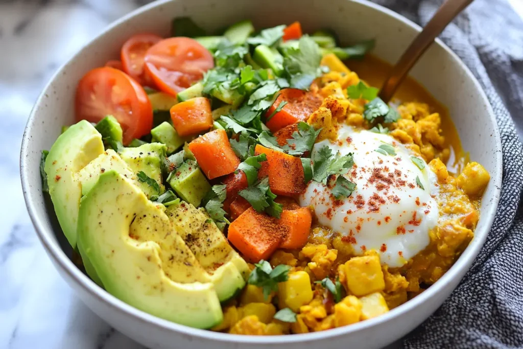 Healthy breakfast curry recipe with colorful vegetables and spices