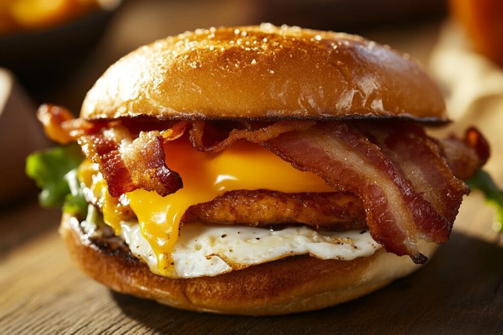 maple sugar bacon breakfast sandwich with egg and cheese.