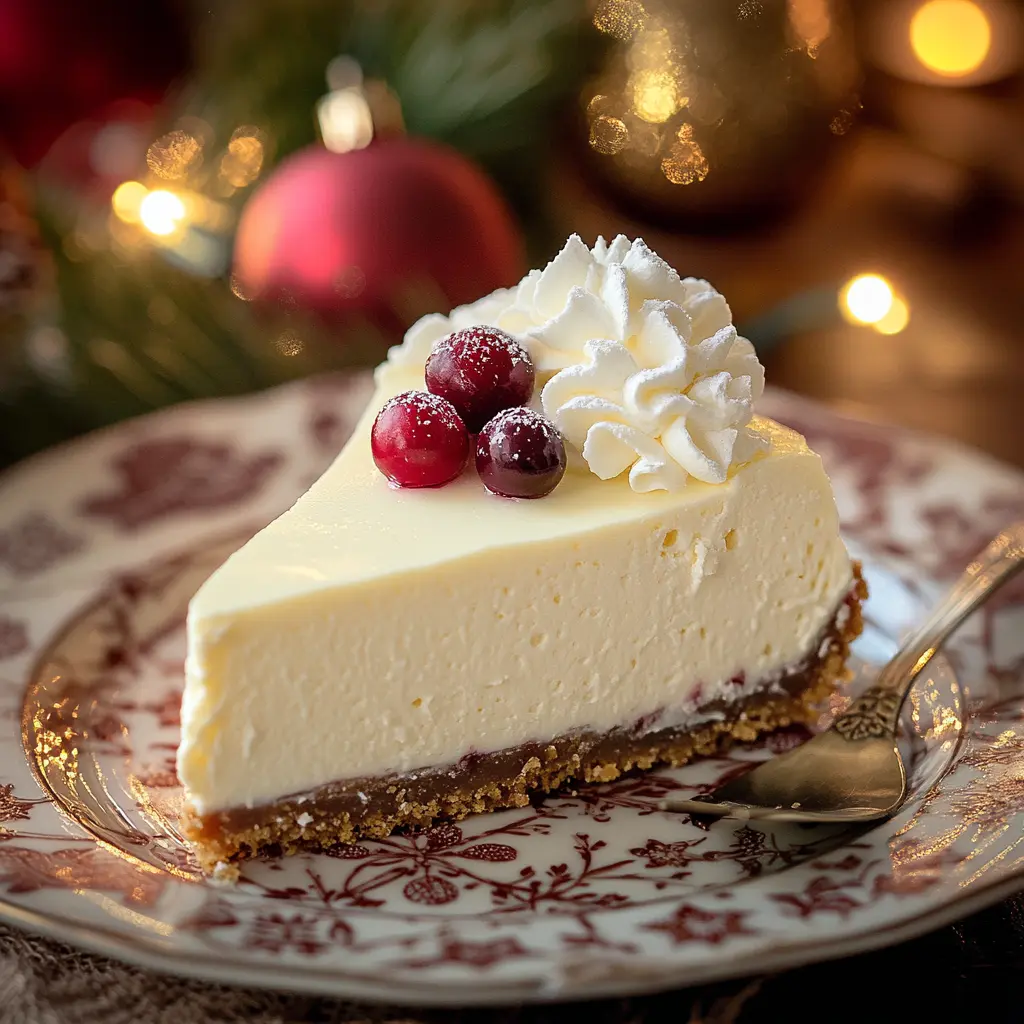 A single slice of creamy Christmas cheesecake with whipped cream and a sugared cranberry garnish