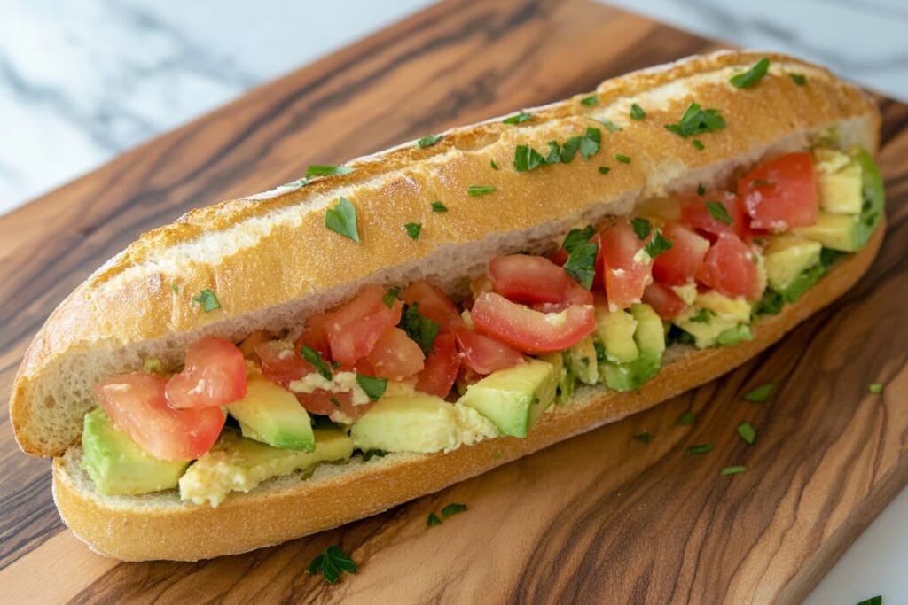 Baguette breakfast sandwich with avocado and tomatoes.