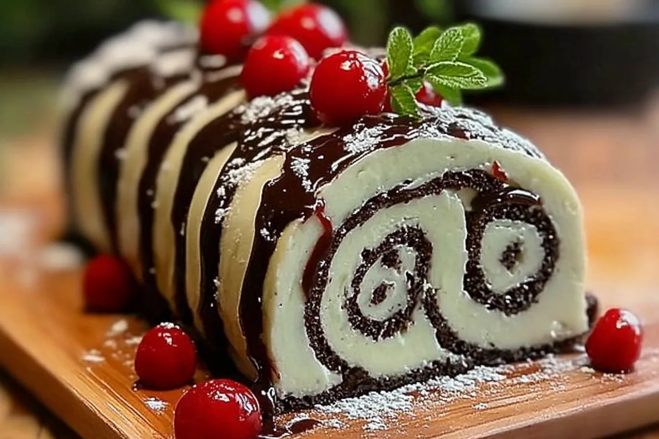 Black Forest Roll Cake with chocolate and cherries