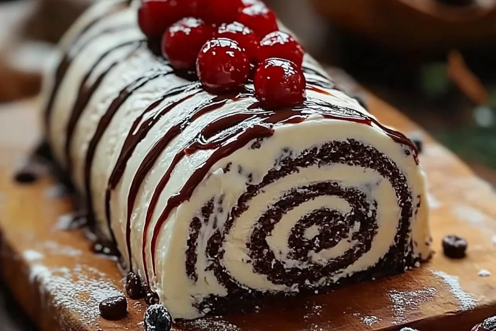 Black Forest Roll Cake with chocolate and cherries