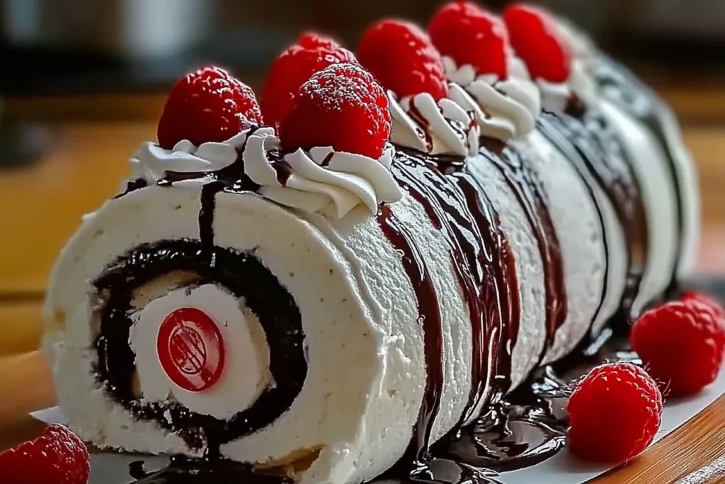 Black Forest Roll Cake with chocolate and cherries