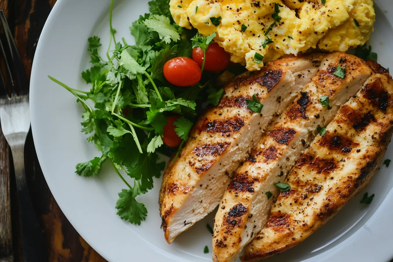 Delicious breakfast chicken ideas with eggs and toast on a plate.