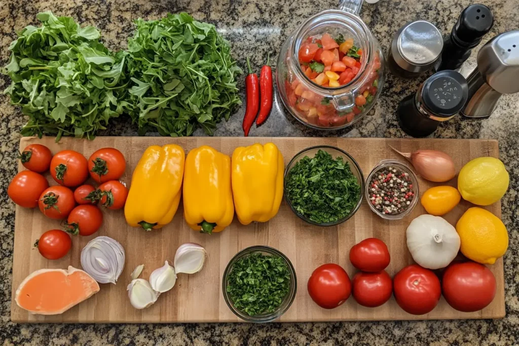 Ingredients for making Salad Supreme Recipe spread out on a kitchen counter