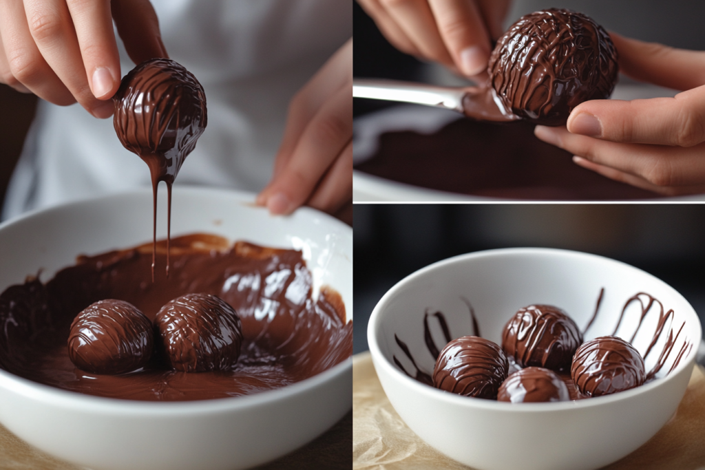 The process of dipping cake pops into melted chocolate, showcasing the smooth coating technique.