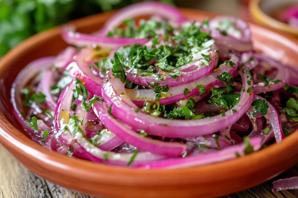 Freshly made cebolla ensalada in a white bowl, ready to serve.