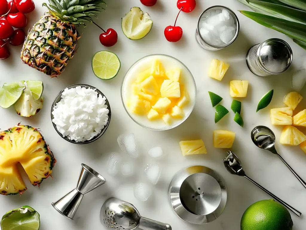 All ingredients and tools neatly arranged for crafting a classic Lifesaver Drink.