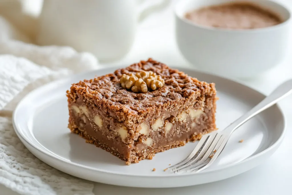  A serving of naturally made coffee ginger walnut slice alongside a cup of coffee.