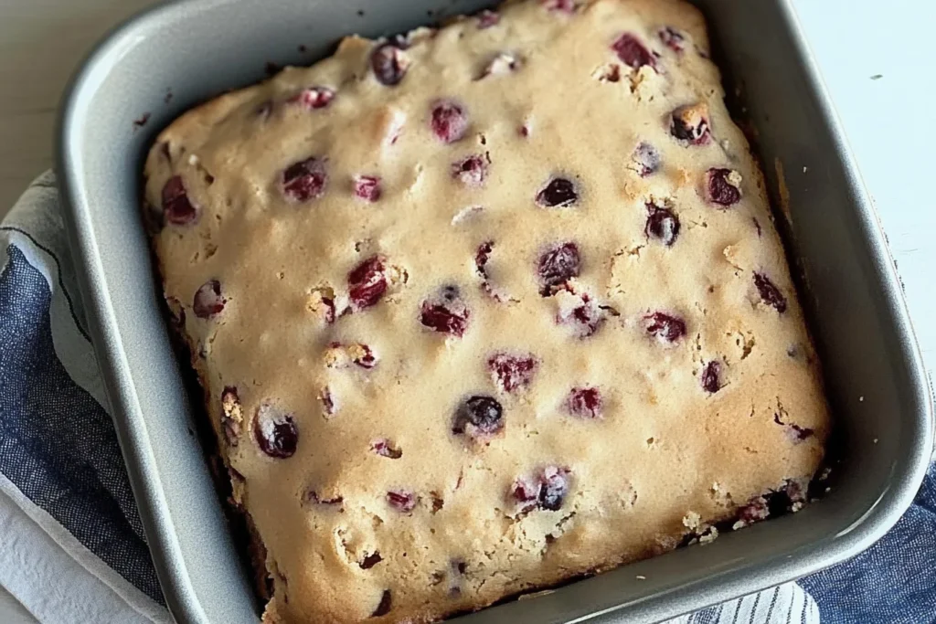 Cranberry cake topped with warm butter cream sauce, garnished with fresh cranberries and orange zest