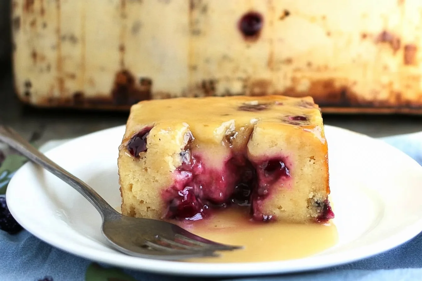 Cranberry cake topped with warm butter cream sauce, garnished with fresh cranberries and orange zest