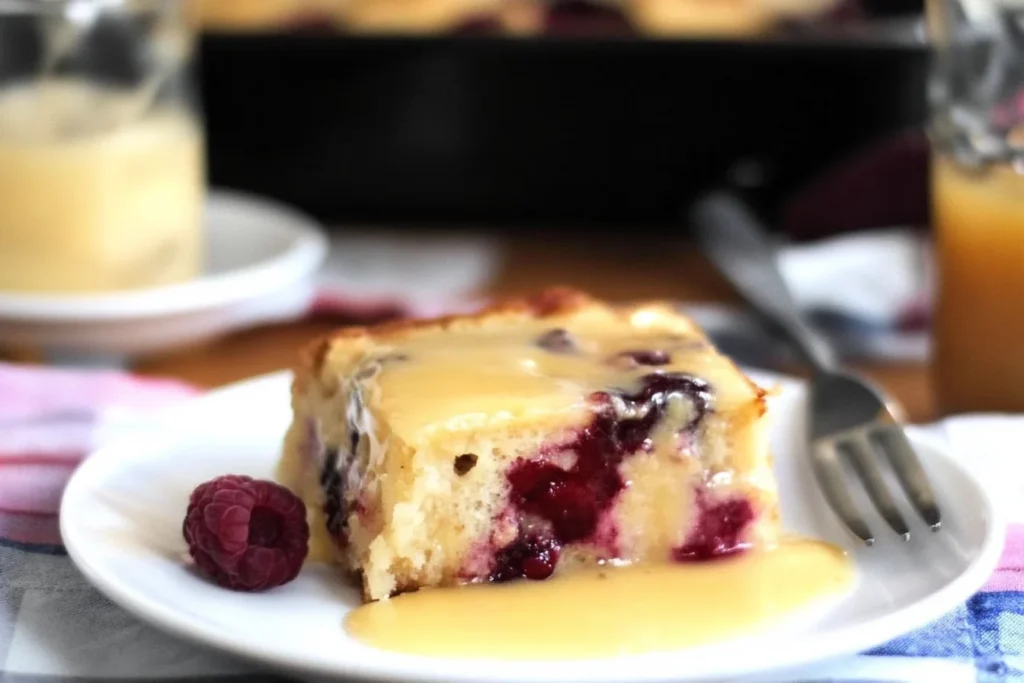 Cranberry cake topped with warm butter cream sauce, garnished with fresh cranberries and orange zest