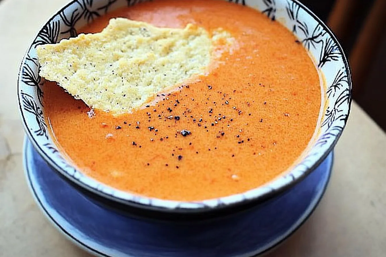 Creamy tomato soup with peppery Parmesan crisps in a stylish bowl.