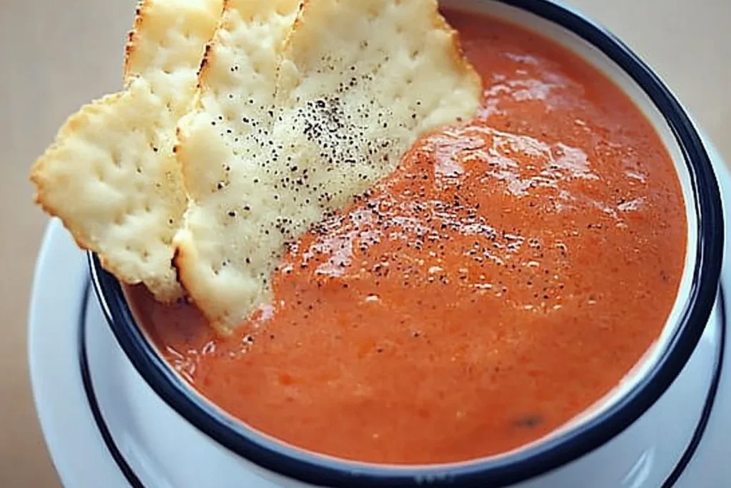 Creamy tomato soup with peppery Parmesan crisps in a stylish bowl.