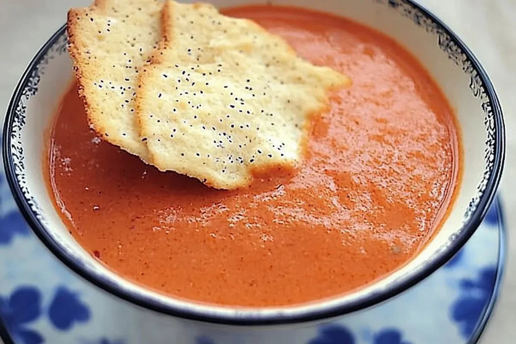 Creamy tomato soup with peppery Parmesan crisps in a stylish bowl.