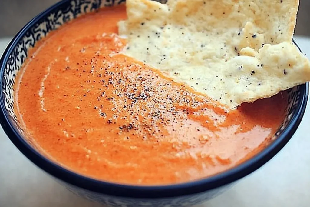 Creamy tomato soup with peppery Parmesan crisps in a stylish bowl.