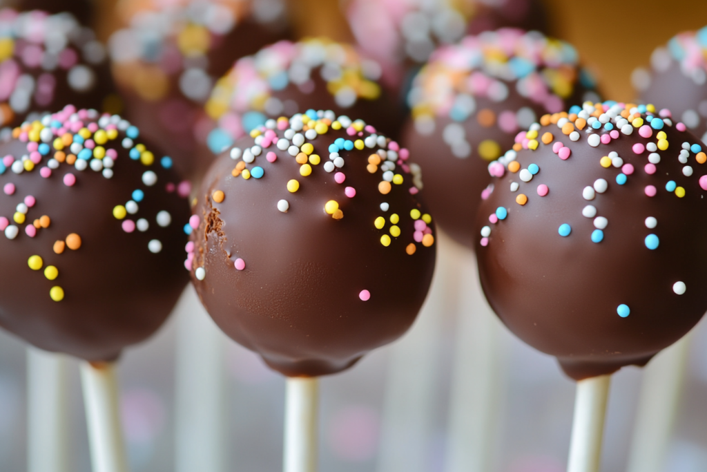 Beautifully arranged chocolate peanut butter cake pops on a tiered stand, ready for a celebration.
