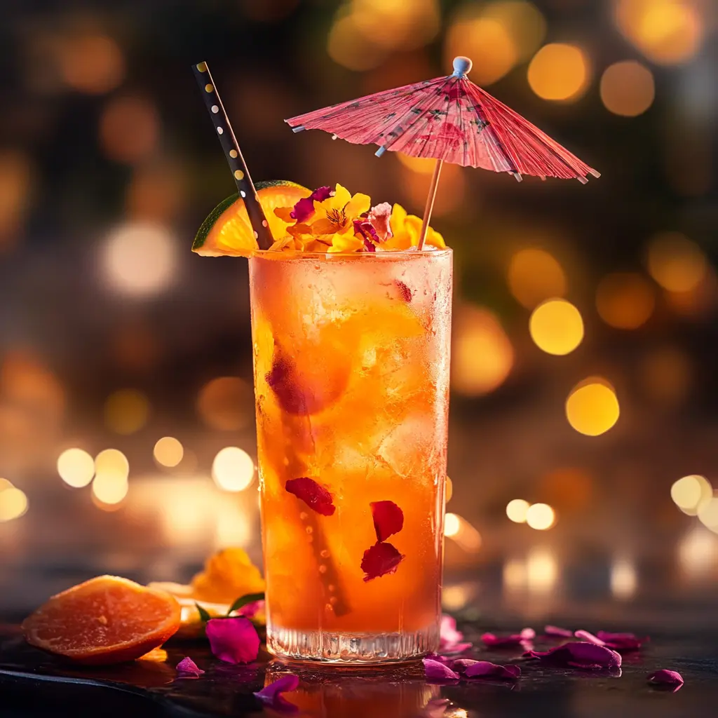 A beautifully arranged fruit cocktail served in a tall glass with a tiny umbrella