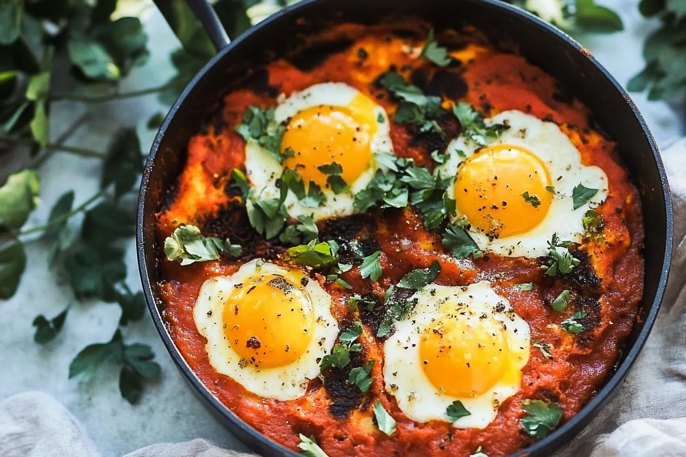 A vibrant bowl of Easy Coconut Curry Shakshuka with poached eggs and fresh herbs.