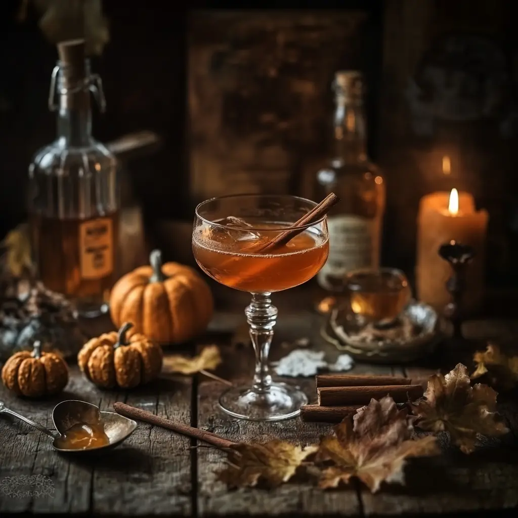 A moody, rustic fall table with a single coupe glass of spicy bourbon pumpkin smash cocktail, surrounded by cinnamon sticks, pumpkin puree spoon, maple syrup bottle, and small pumpkins, lit by warm candlelight