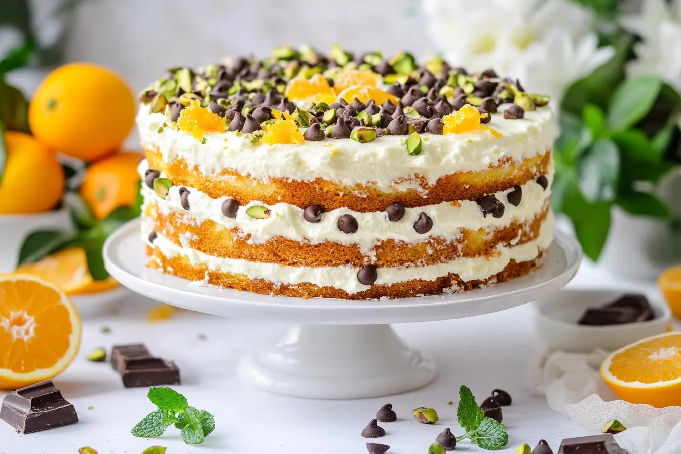 Gluten-free cannoli cake with ricotta filling, topped with pistachios, chocolate chips, and orange zest.