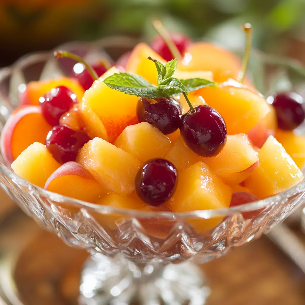 A colorful fruit cocktail served in a clear glass bowl with fresh mint garnish.