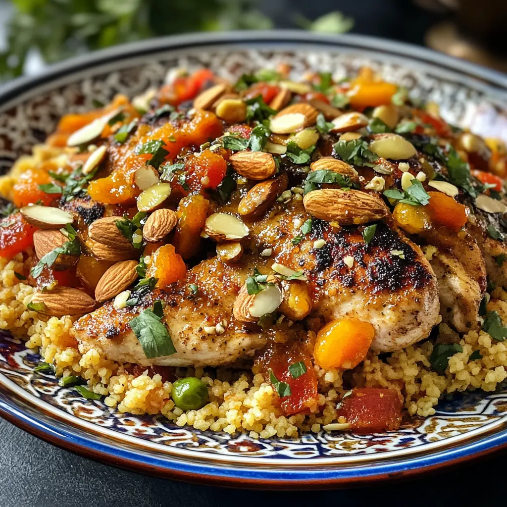 Moroccan chicken couscous served on a vibrant platter with apricot preserves, fresh herbs, and toasted almonds.