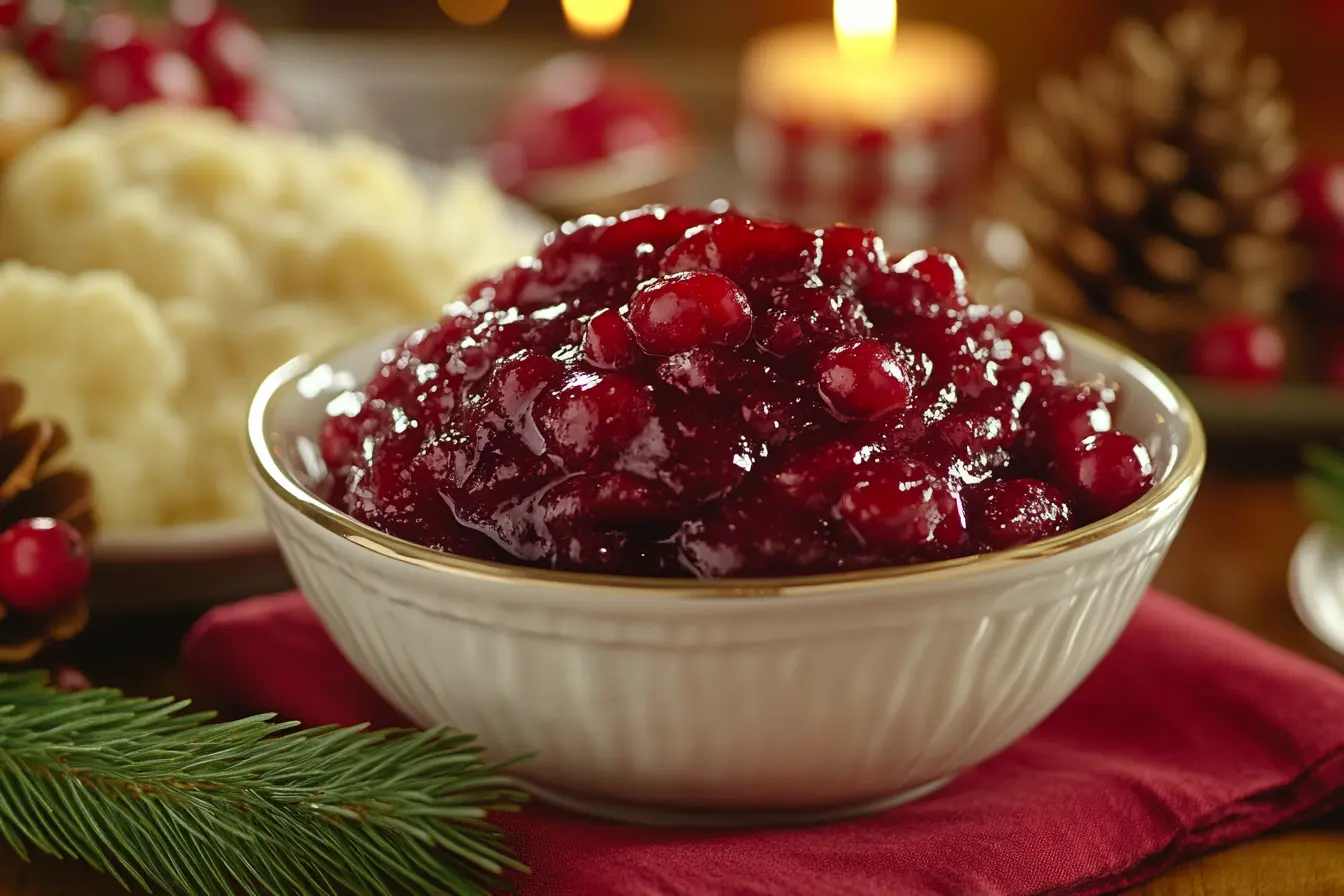 Holiday dinner table with Bob Evans Cranberry Sauce, turkey, and festive decorations.