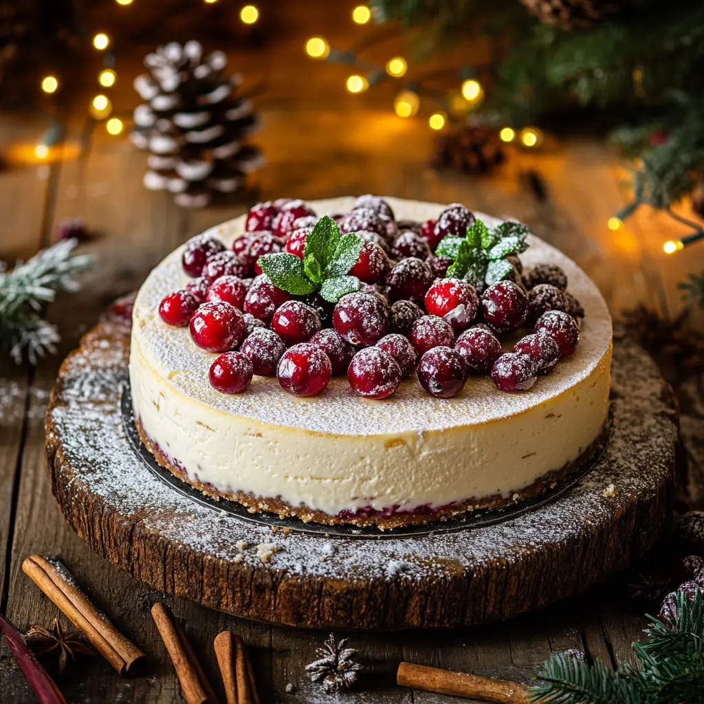 A creamy Christmas cheesecake topped with sugared cranberries, displayed in a festive holiday setting