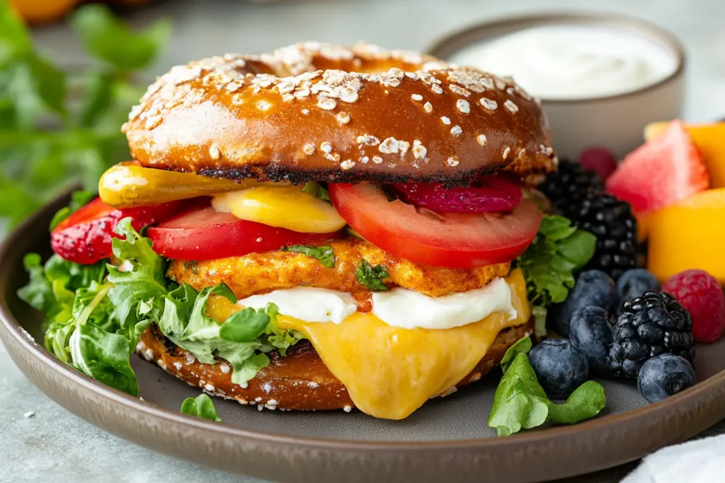 Pretzel breakfast sandwich with assorted fillings, served with a side.