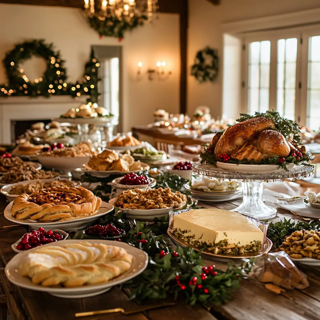 A farmhouse-style table laden with a complete Christmas dinner, including roast turkey, sides, and cheesecake.