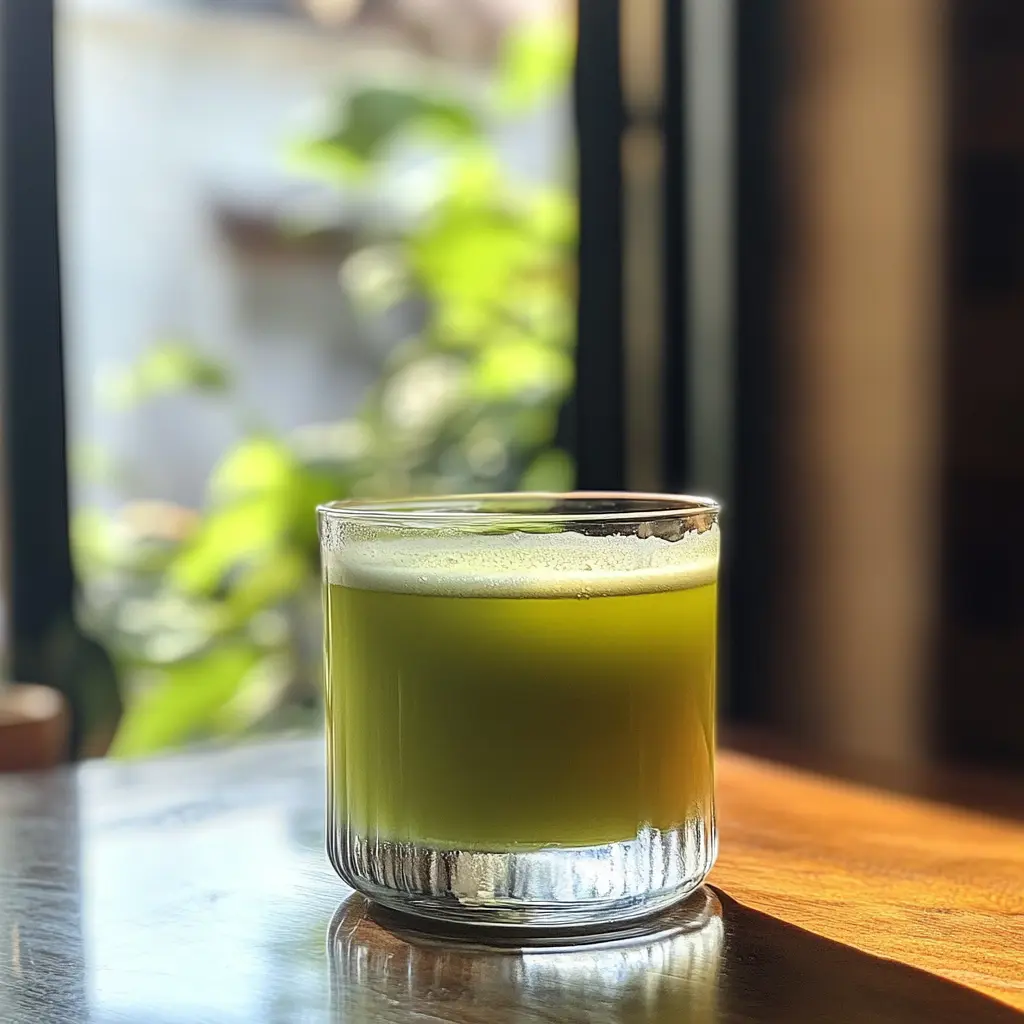 A chilled glass of a Green Tea Shot showing its light green color.