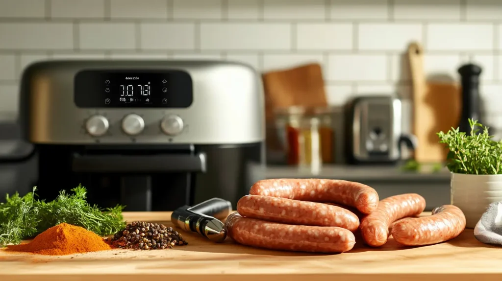 An air fryer on a kitchen countertop surrounded by fresh and frozen breakfast sausages, spices, and a digital meat thermometer.