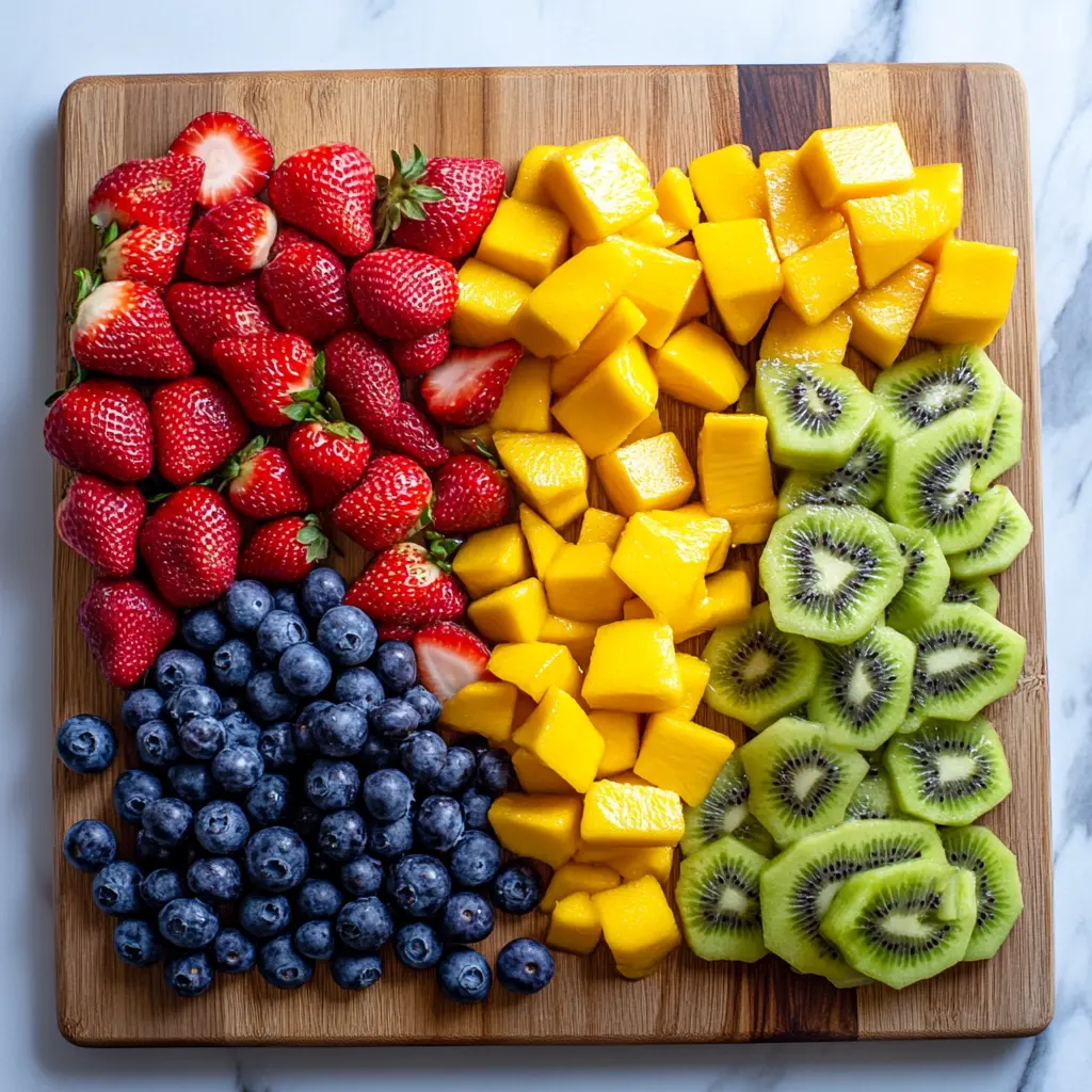 variety of fresh fruits arranged on a wooden cutting board