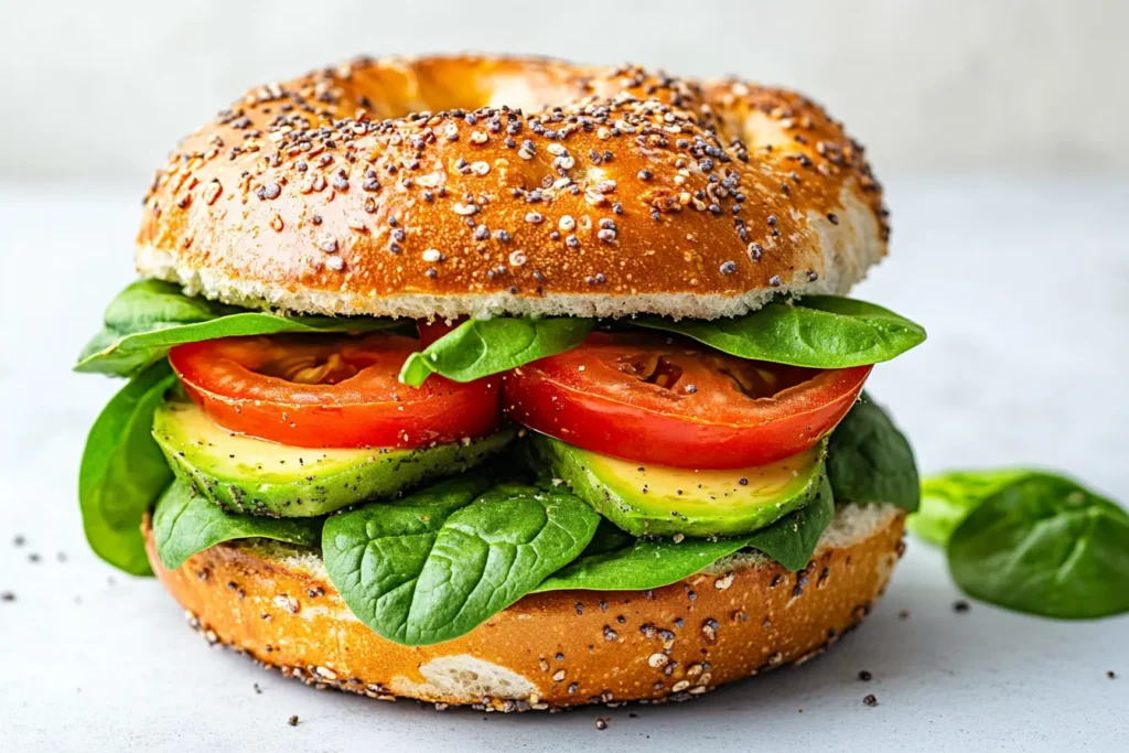 Pretzel breakfast sandwich with avocado, tomatoes, and spinach.