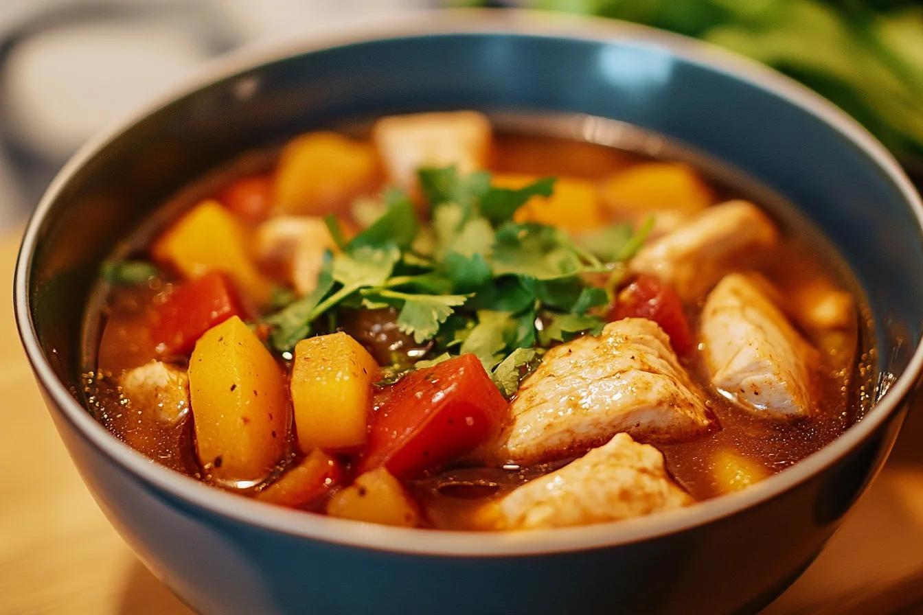 Bowl of delicious chopt spicy chicken soup ready to eat