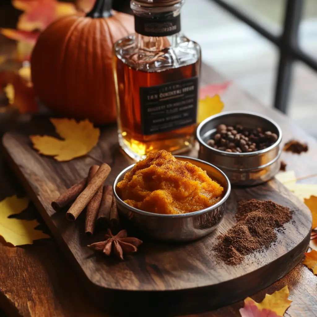 Close-up of bourbon bottle, a small bowl of pumpkin puree, and an assortment of spices (cinnamon, nutmeg, clove, cayenne) arranged elegantly on a wooden board with fall leaves in the background