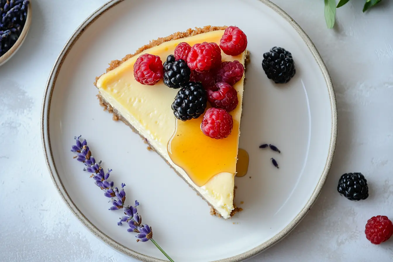 A slice of lavender honey cheesecake adorned with fresh berries, a delicate honey drizzle, and lavender sprigs, on a simple plate.