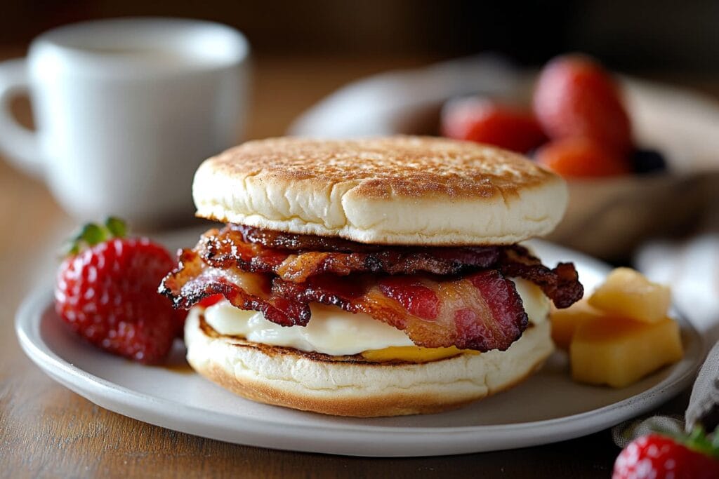 Maple sugar bacon breakfast sandwich with assorted side items on a table.