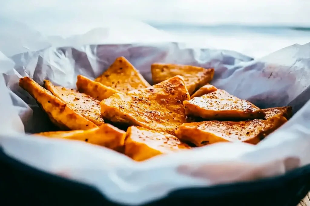 Golden, crispy triangular snack chips garnished with fresh herbs, served in a paper-lined basket.