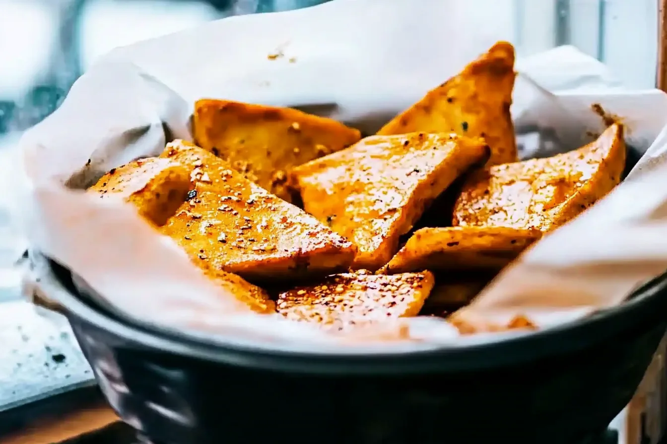 Golden, crispy triangular snack chips garnished with fresh herbs, served in a paper-lined basket.