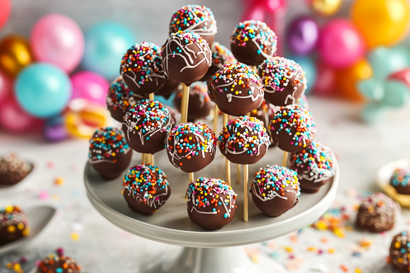 A close-up of several chocolate peanut butter cake pops with diverse and colorful sprinkles