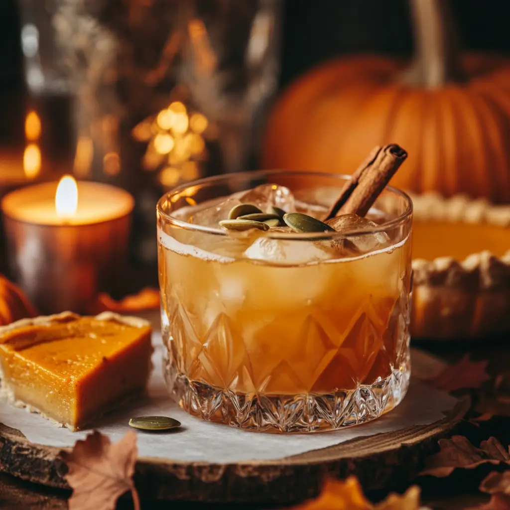 A beautifully garnished spicy bourbon pumpkin smash cocktail in a rocks glass, topped with pumpkin seeds and a cinnamon stick, placed beside a pumpkin pie slice and lit candles in a cozy autumn setting