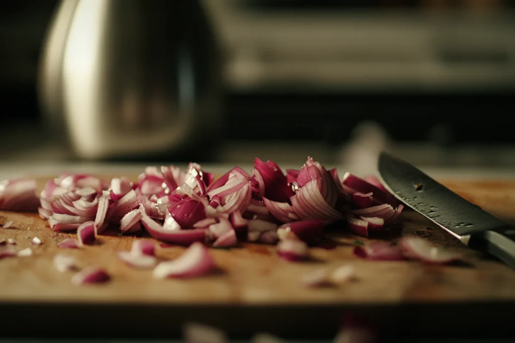 A close-up of sliced red onion for cebolla ensalada